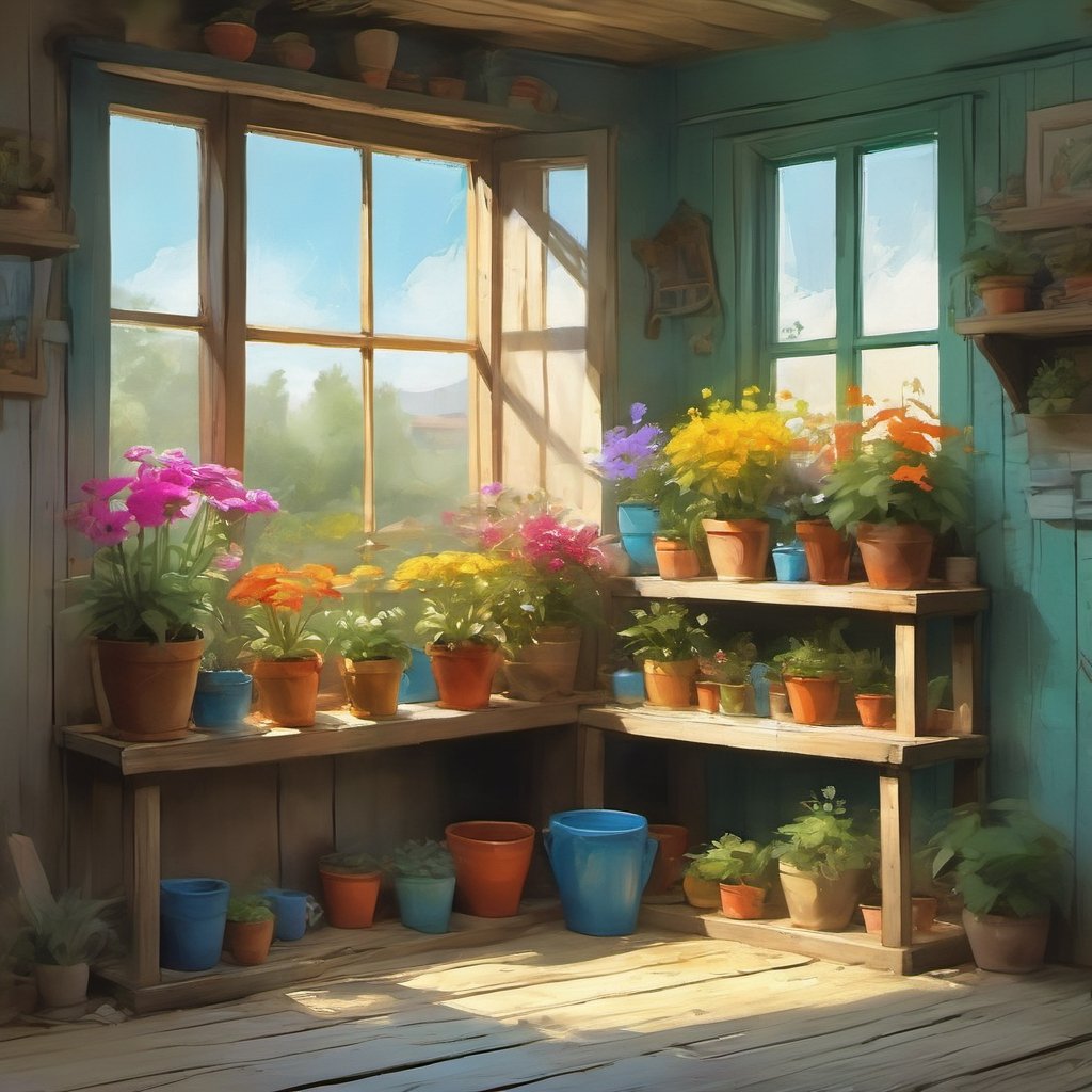 Painting, rough sketch illustration of old wooden shelf filled with potted flowers and other plants near a sunny window, inside a shack. vibrant colors, art by Kim Jung-Gi, ,digital painting