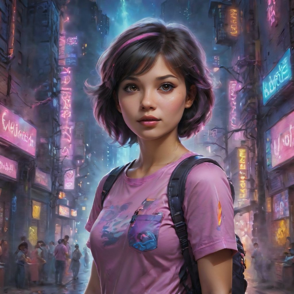 In a gritty cyberpunk metropolis, Dora the Explorer morphs into a stunning digital painting, bathed in neon hues and high-contrast lighting. Her portrait, akin to Henriette Kaarina Amelia von Buttlar's realistic artwork, exudes fashion sense and tenacity. Framed by towering skyscrapers and holographic advertisements, Dora's striking visage dominates the composition, her eyes gleaming like LED lights in a darkened alleyway. Amidst this dystopian landscape, her pose screams defiance, as if ready to conquer the virtual realm with nothing but a backpack full of digital gadgets.,Supersex