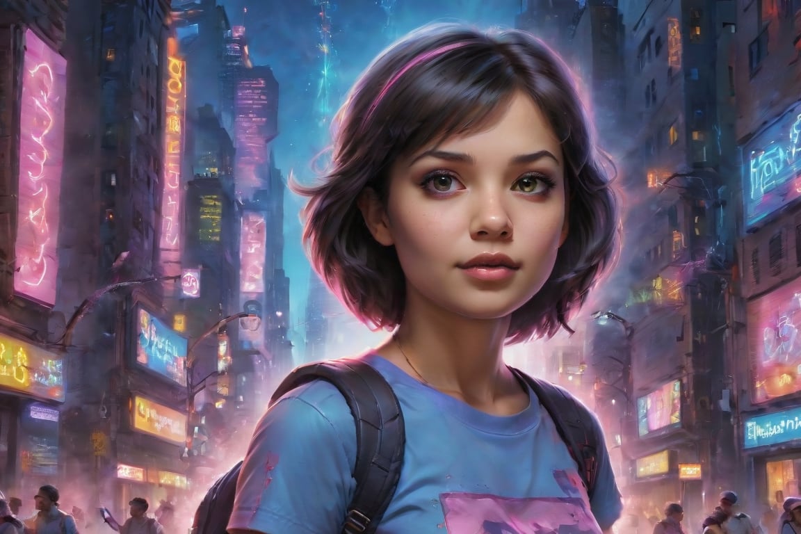 In a gritty cyberpunk metropolis, Dora the Explorer morphs into a stunning digital painting, bathed in neon hues and high-contrast lighting. Her portrait, akin to Henriette Kaarina Amelia von Buttlar's realistic artwork, exudes fashion sense and tenacity. Framed by towering skyscrapers and holographic advertisements, Dora's striking visage dominates the composition, her eyes gleaming like LED lights in a darkened alleyway. Amidst this dystopian landscape, her pose screams defiance, as if ready to conquer the virtual realm with nothing but a backpack full of digital gadgets.,Supersex