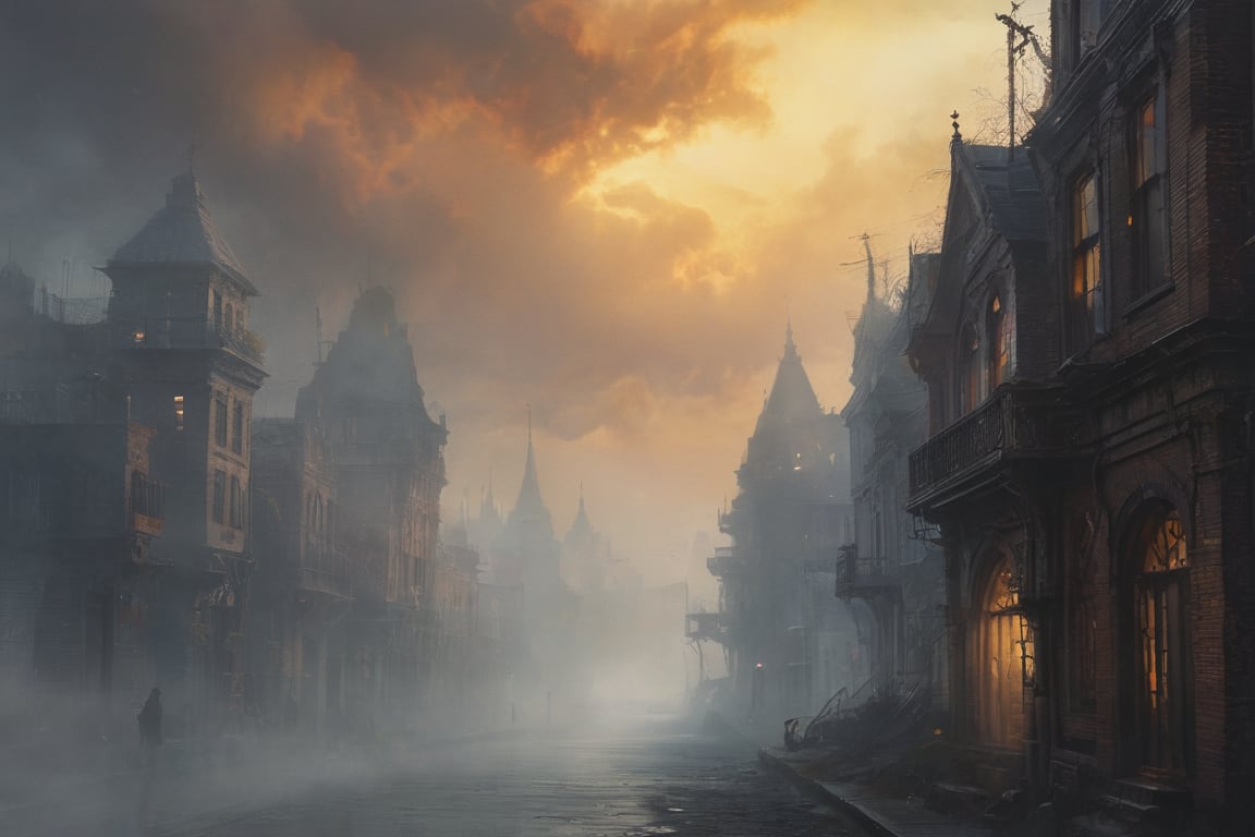 In this eerie, atmospheric watercolor cover, the forgotten metropolis's fog-shrouded skyline is bathed in warm, golden light, with steam-pierced clouds drifting lazily across the sky. Old houses with crumbling facades now hum with advanced electrical networks, their intricate gears and cogs meshing seamlessly with lush flora as they rise like mechanical sentinels from the mist. A mysterious figure, Justine, steps forth from the shadows, her gaze piercing the fog as she emerges in photorealistic detail against a matte background of holographic edges dancing across the surface. The overall effect is one of mystique and allure, inviting the viewer to step into the world of steampunk-tinged excess and desire.