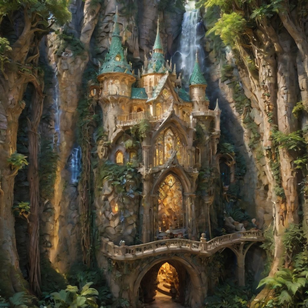 In an enchanting surreal fusion, a fantastical tourism advert unveils Rivendell's splendor, where tranquil emerald landscapes cradle Gothic-meets-Art Nouveau architectural masterpieces, cascading waterfalls harmonizing with whimsical Gaudí inspirations, all under an ethereal golden