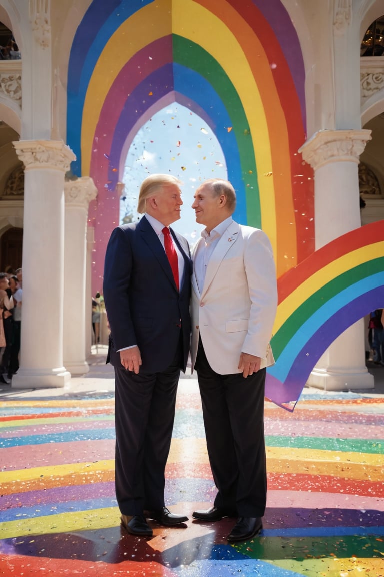 A Technicolor dream of unity! Trump and Putin lock lips amidst a kaleidoscope of colorful confetti, surrounded by fluttering rainbow flags. The unlikely duo beams with joy as they stroll down the Pride Walk catwalk, bathed in warm sunlight. A bold, graphic background features stylized LGBTQ+ symbols and geometric patterns. The tagline 'Love Conquers All' arches above, written in cursive script with a splash of glitter.