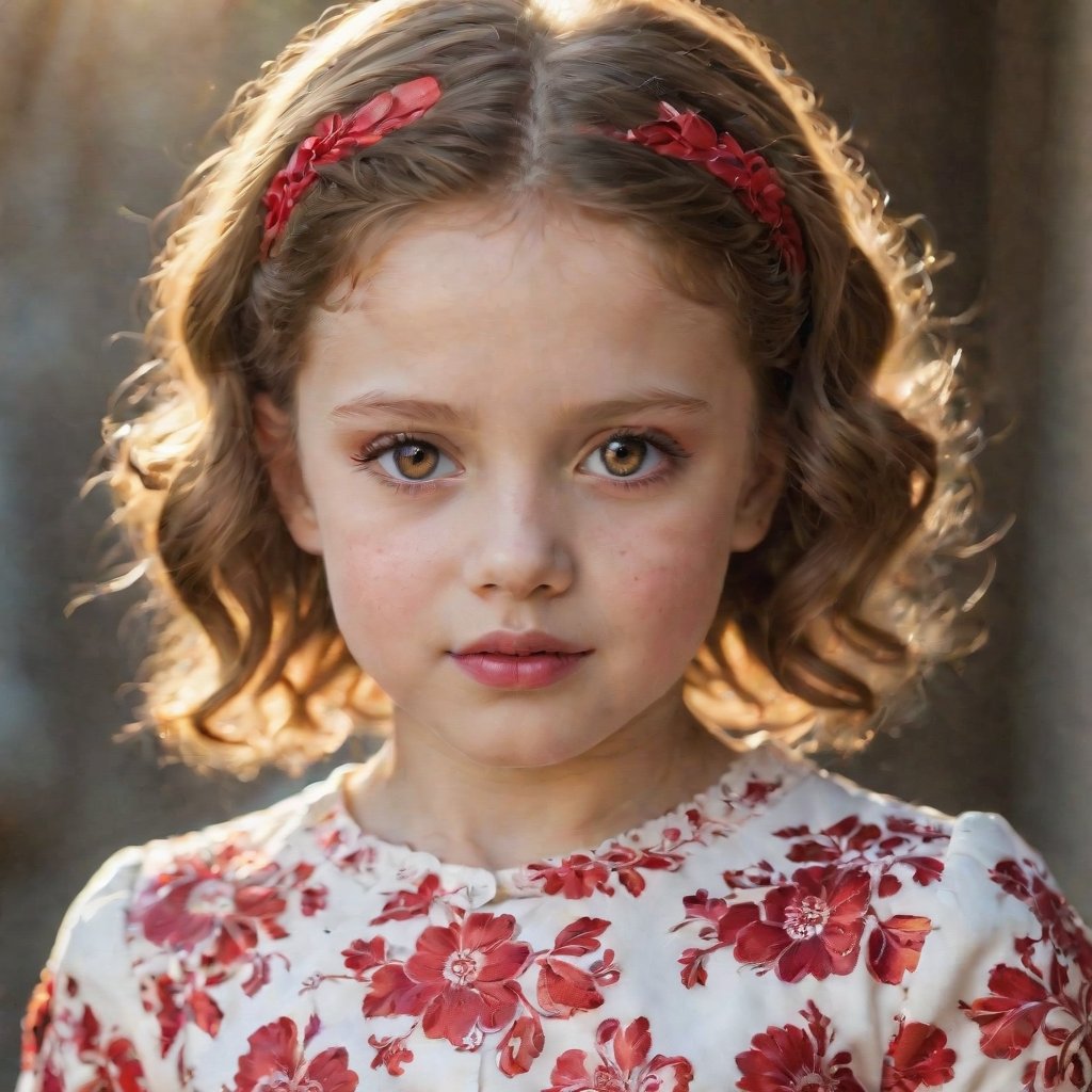 A tantalizing close-up shot of a luscious little girl, her striking red eyes gleaming like rubies in the warm sunlight. Her sun-kissed glow radiates from her porcelain skin as she poses with poise, her intricate clothing shimmering in exquisite detail from waist up. The full-frame photograph frames her perfectly, highlighting the elegance and sophistication of this trendsetting scene, fit for ArtStation's primetime showcase.