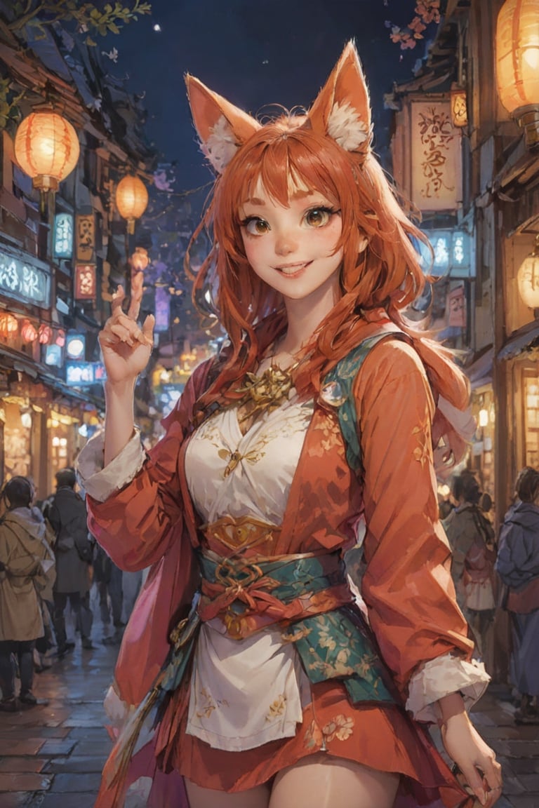 Generate the image of an engaging and vivacious cosplayer dressed in a colorful traditional Japanese outfit, personifying the charming and mystical fox spirit. She stands against a soft, warm glow, illuminating her radiant smile amidst a crowd of excited attendees at a festive event. Her intricate fox crop and red fox ears add to the enchantment, making it impossible to take your eyes off her captivating aura.,1girl,aesthetic,HYPERREAL
