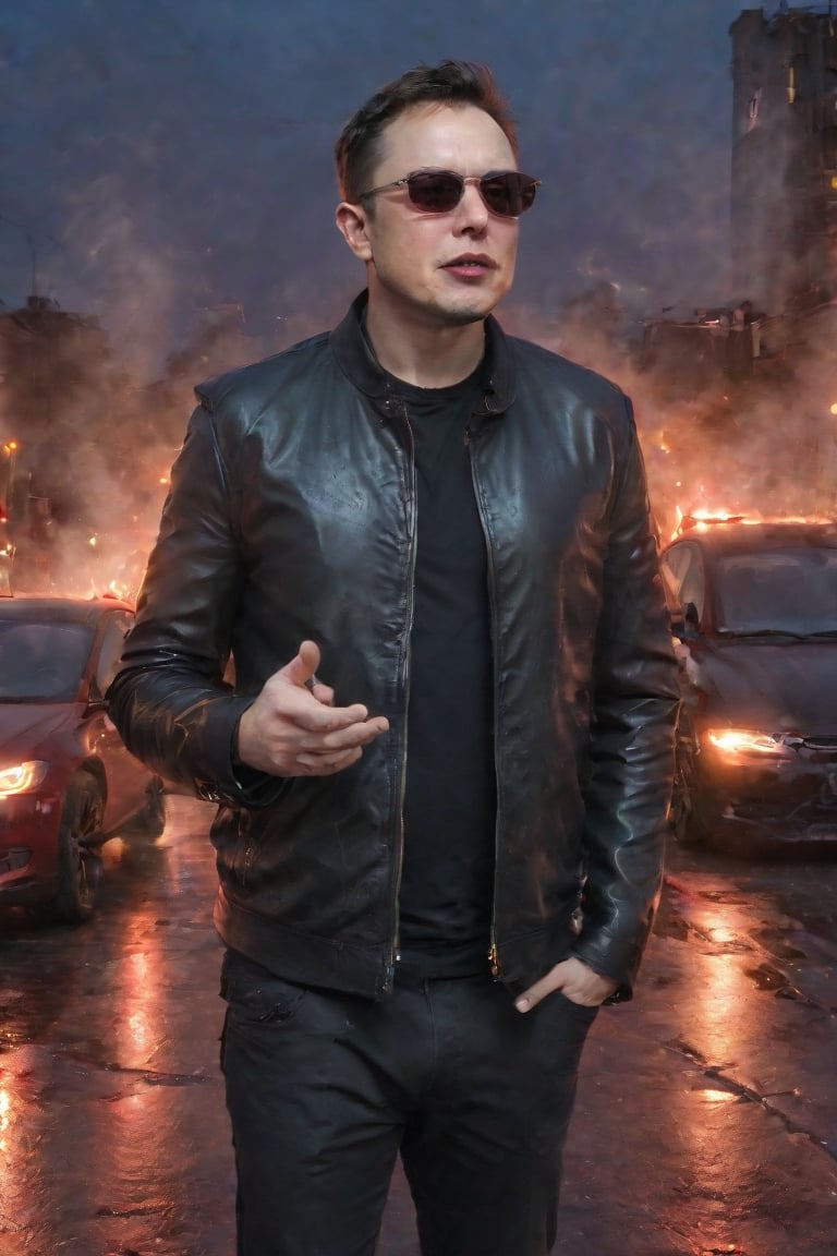 A darkened cityscape at dusk, with neon lights reflecting off the wet pavement. Elon Musk, dressed in a black leather jacket and sunglasses, stands tall, his eyes glowing red as he summons an army of miniature electric cars to do his bidding. His right hand holds a Tesla Cybertruck, its metallic body emblazoned with a sinister grin.