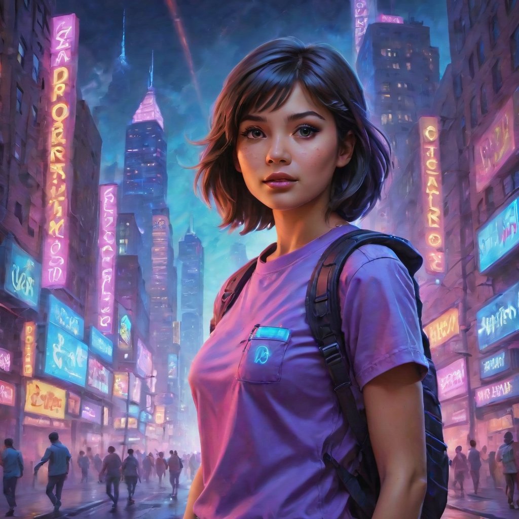 In a gritty cyberpunk metropolis, Dora the Explorer morphs into a stunning digital painting, bathed in neon hues and high-contrast lighting. Her portrait, akin to Henriette Kaarina Amelia von Buttlar's realistic artwork, exudes fashion sense and tenacity. Framed by towering skyscrapers and holographic advertisements, Dora's striking visage dominates the composition, her eyes gleaming like LED lights in a darkened alleyway. Amidst this dystopian landscape, her pose screams defiance, as if ready to conquer the virtual realm with nothing but a backpack full of digital gadgets.