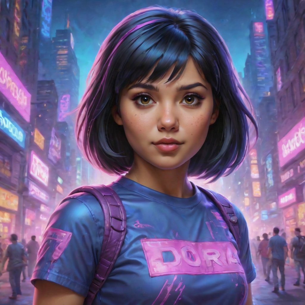 In a captivating Cyberpunk-inspired ArtStation scene, Dora the Explorer transforms into an intricate, hyperrealistic digital painting of astonishing detail, embodying fashionable allure and pushing the boundaries of highly detailed realistic artwork in the realm of hyperrealism portrait. This masterpiece gleams as a striking testament to superlative digital craft

