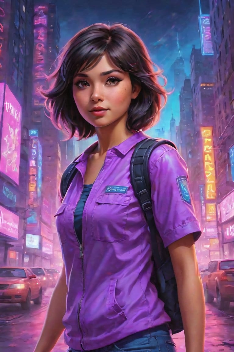 In a gritty cyberpunk metropolis, Dora the Explorer morphs into a stunning digital painting, bathed in neon hues and high-contrast lighting. Her portrait, akin to Henriette Kaarina Amelia von Buttlar's realistic artwork, exudes fashion sense and tenacity. Framed by towering skyscrapers and holographic advertisements, Dora's striking visage dominates the composition, her eyes gleaming like LED lights in a darkened alleyway. Amidst this dystopian landscape, her pose screams defiance, as if ready to conquer the virtual realm with nothing but a backpack full of digital gadgets.