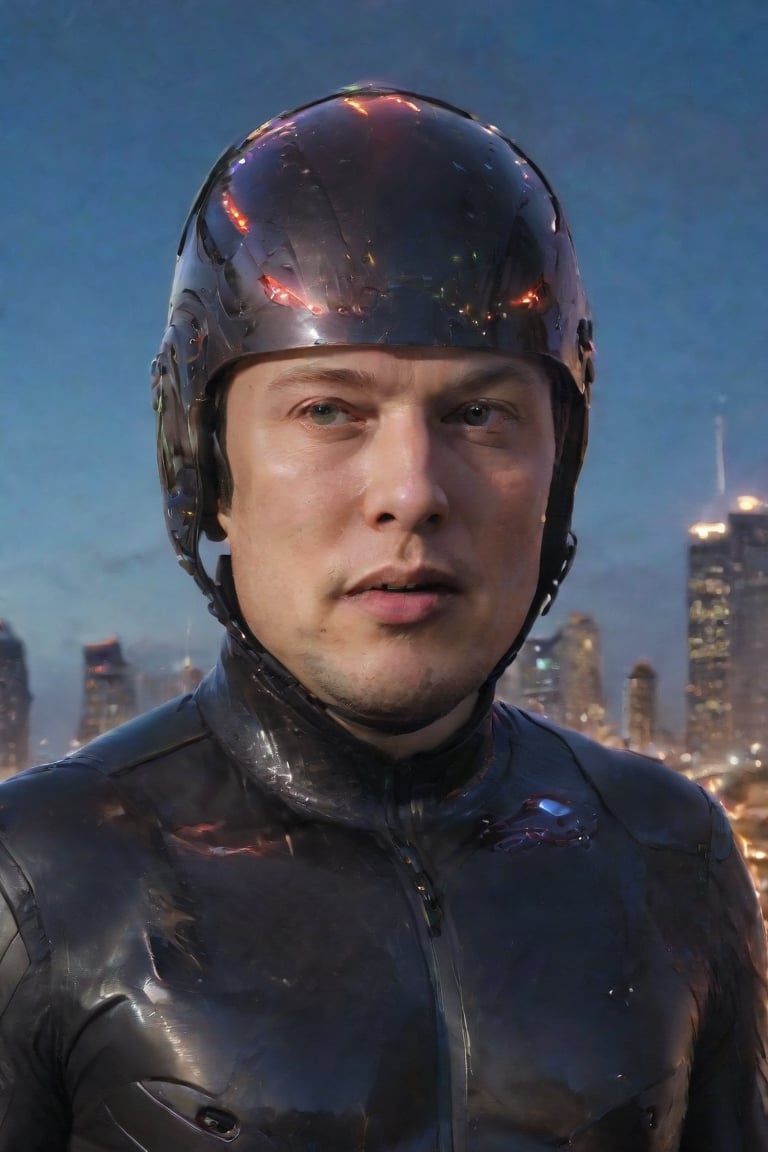 Elon Musk-inspired villain standing amidst a dystopian cityscape, where towering skyscrapers and neon lights reflect off his chrome-plated helmet. His eyes glow with an otherworldly intensity as he gazes out upon the desolate landscape, his sharp jawline and chiseled features illuminated by a single, harsh spotlight. In the background, a fleet of autonomous vehicles hover like mechanical birds, their LED lights flashing in sync with Musk's villainous grin.