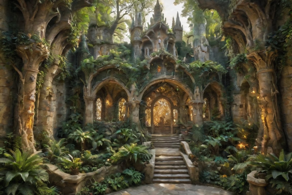 Rivendell's Enchanted Realm: Discover the mystical allure of this otherworldly destination. A serene emerald expanse unfolds before you, cradling majestic Gothic-Revival and Art Nouveau structures that seem to defy gravity. Waterfalls cascade down ancient stone facades, as whimsical Gaudí-inspired details dance in harmony with the soft golden light. The tranquil atmosphere beckons you to wander through lush greenery, where mythical creatures might just be hiding amidst the architectural wonders.