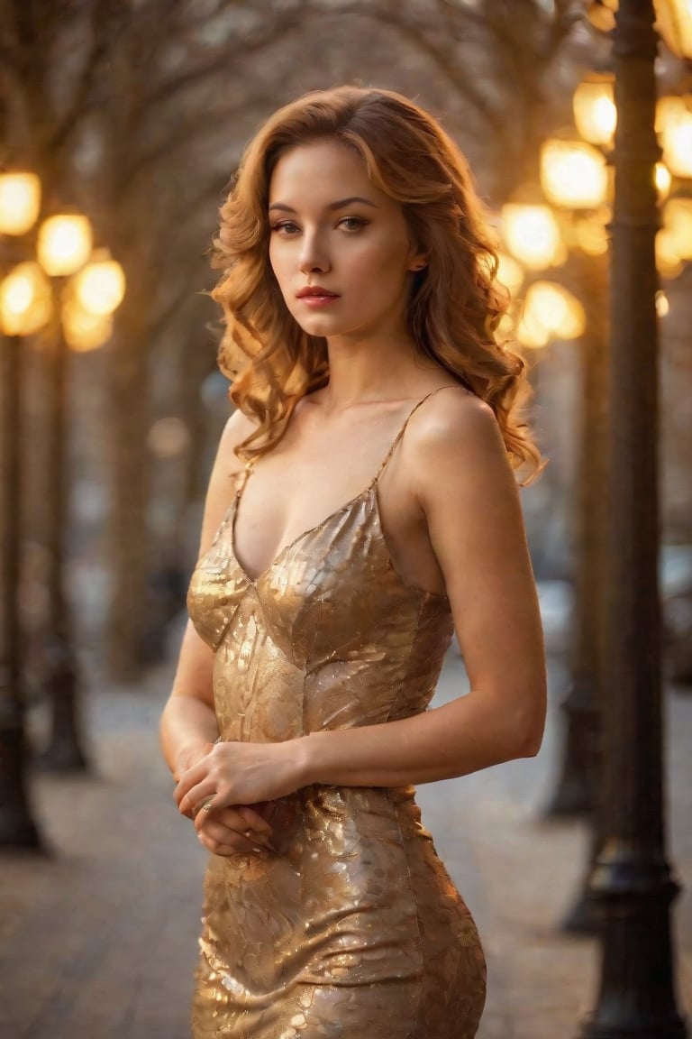 A sultry, golden-hued lamp post casts a warm glow on the velvety skin of the young girl, her luscious curves and cherubic features radiating sensuality as she lounges in a soft focus, shallow depth-of-field composition. The camera's shallow DOF isolates her delicate features, while the hint of lens flare adds an air of mystique. The warm lighting accentuates her curvaceous figure, inviting the viewer into this intimate, high-contrast scene.
