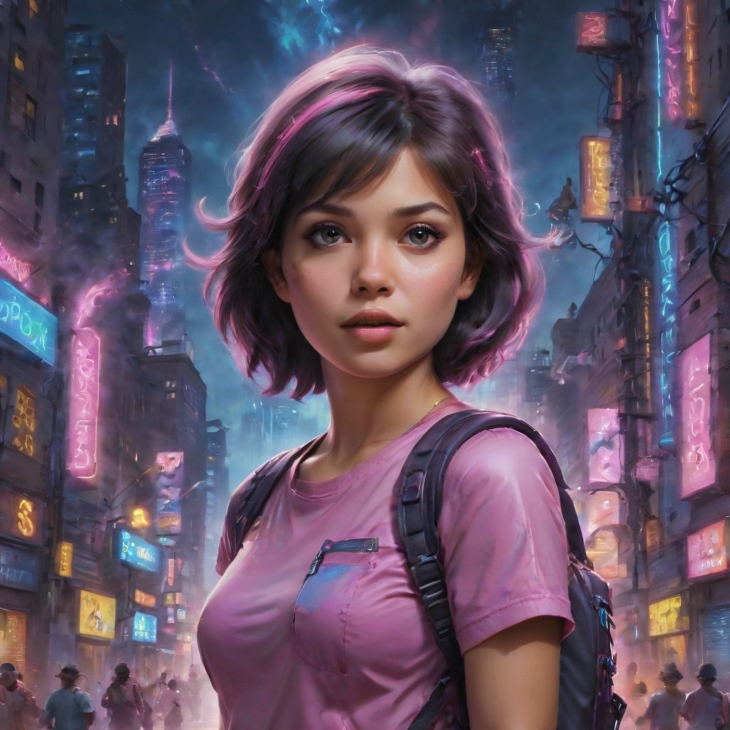 In a gritty cyberpunk metropolis, Dora the Explorer morphs into a stunning digital painting, bathed in neon hues and high-contrast lighting. Her portrait, akin to Henriette Kaarina Amelia von Buttlar's realistic artwork, exudes fashion sense and tenacity. Framed by towering skyscrapers and holographic advertisements, Dora's striking visage dominates the composition, her eyes gleaming like LED lights in a darkened alleyway. Amidst this dystopian landscape, her pose screams defiance, as if ready to conquer the virtual realm with nothing but a backpack full of digital gadgets.,Supersex