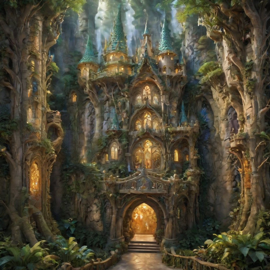 In an enchanting surreal fusion, a fantastical tourism advert unveils Rivendell's splendor, where tranquil emerald landscapes cradle Gothic-meets-Art Nouveau architectural masterpieces, cascading waterfalls harmonizing with whimsical Gaudí inspirations, all under an ethereal golden