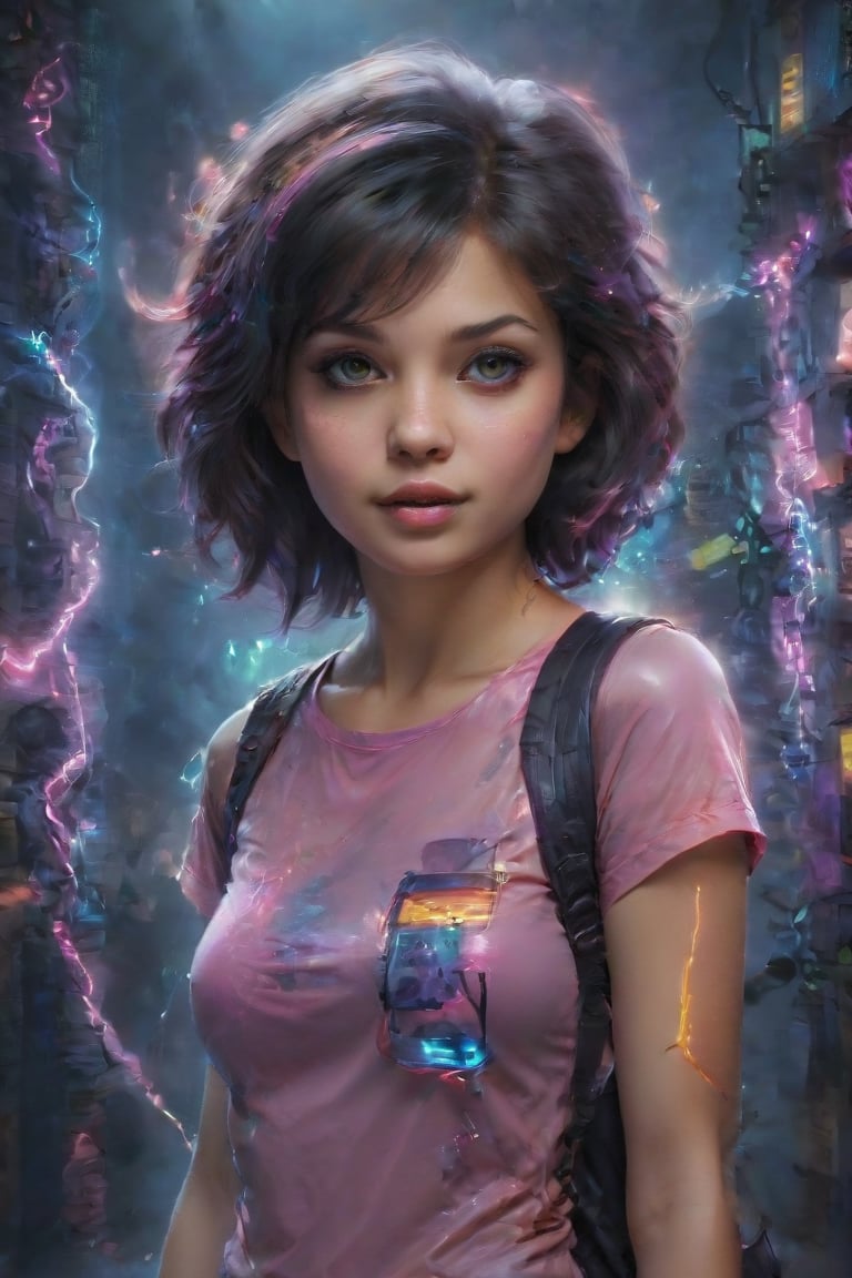 In a gritty cyberpunk metropolis, Dora the Explorer morphs into a stunning digital painting, bathed in neon hues and high-contrast lighting. Her portrait, akin to Henriette Kaarina Amelia von Buttlar's realistic artwork, exudes fashion sense and tenacity. Framed by towering skyscrapers and holographic advertisements, Dora's striking visage dominates the composition, her eyes gleaming like LED lights in a darkened alleyway. Amidst this dystopian landscape, her pose screams defiance, as if ready to conquer the virtual realm with nothing but a backpack full of digital gadgets.,Supersex