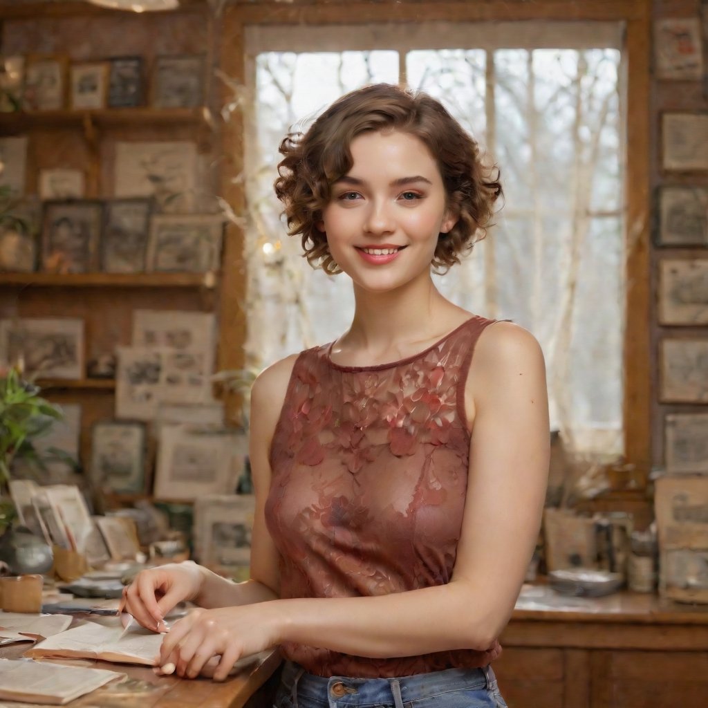 In a cozy, whimsical setting reminiscent of a vintage bookstore, the enchanting young muse stands amidst an eclectic living space, surrounded by the vibrant hues and textures of Antipodean art. Her wavy, short top hair adds a playful touch, contrasting with her shoulder-length brown locks that frame her charming small smile. The 1.6m beauty's delicate features are illuminated by soft, warm lighting, as if sunlight filters through a dusty window. She poses relaxed yet alluring, surrounded by the eclectic trappings of Offaganetown's quirky charm.