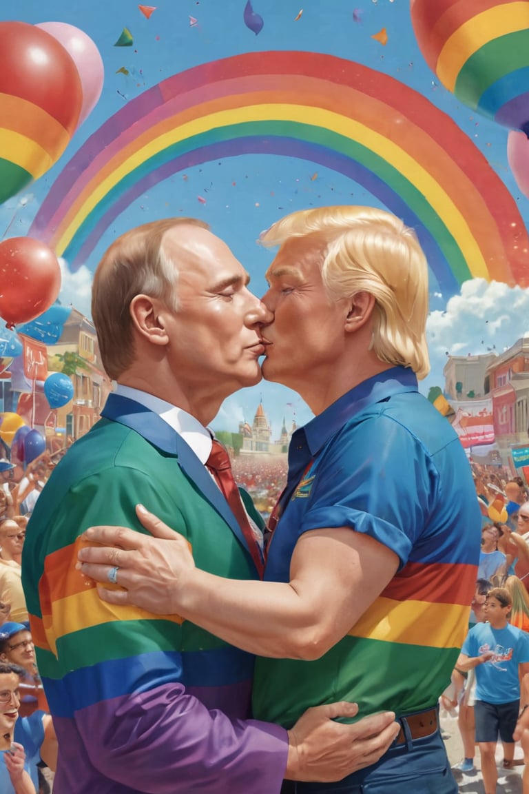 Campy gay propaganda poster: 'Love Conquers All' - A whimsical illustration of Trump and Putin sharing a tender kiss amidst the vibrant colors of a Pride parade. The former adversaries stand back-to-back, arms wrapped around each other, as they wave rainbow flags in unison. A glittering rainbow arches above, framing their cheek-to-cheek moment. Confetti and balloons add to the festive atmosphere, while bold, cursive text declares: 'Love is Love'.