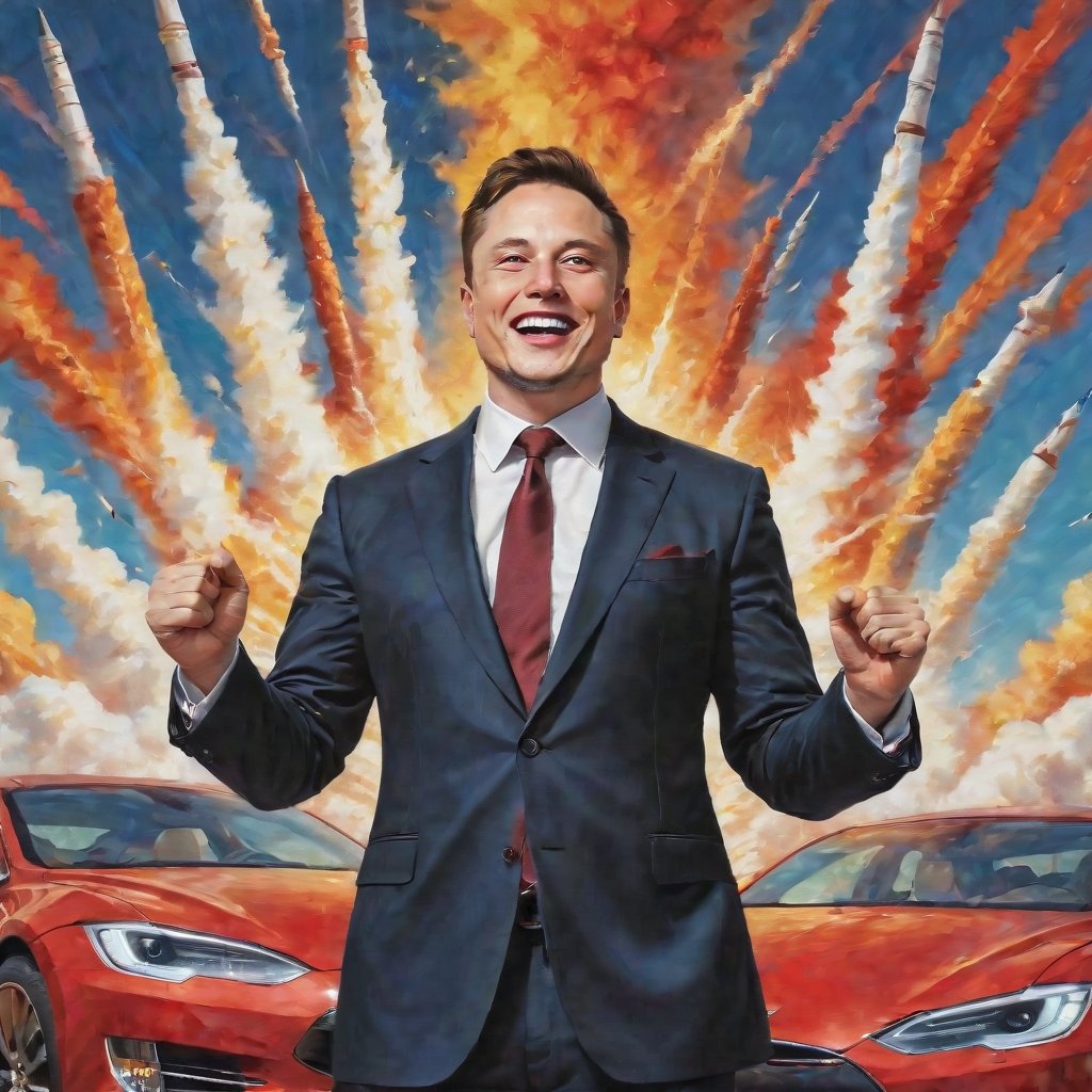 Elon Musk, radiant in a gleaming suit, stands triumphantly amidst a sea of gleaming metallic hues, surrounded by soaring SpaceX rockets and sleek Tesla cars. A triumphant smile spreads across his face as he raises a fist in victory, against a backdrop of bold, red-and-gold stripes. The artwork's composition is reminiscent of classic propaganda posters, with the added twist of playful humor.