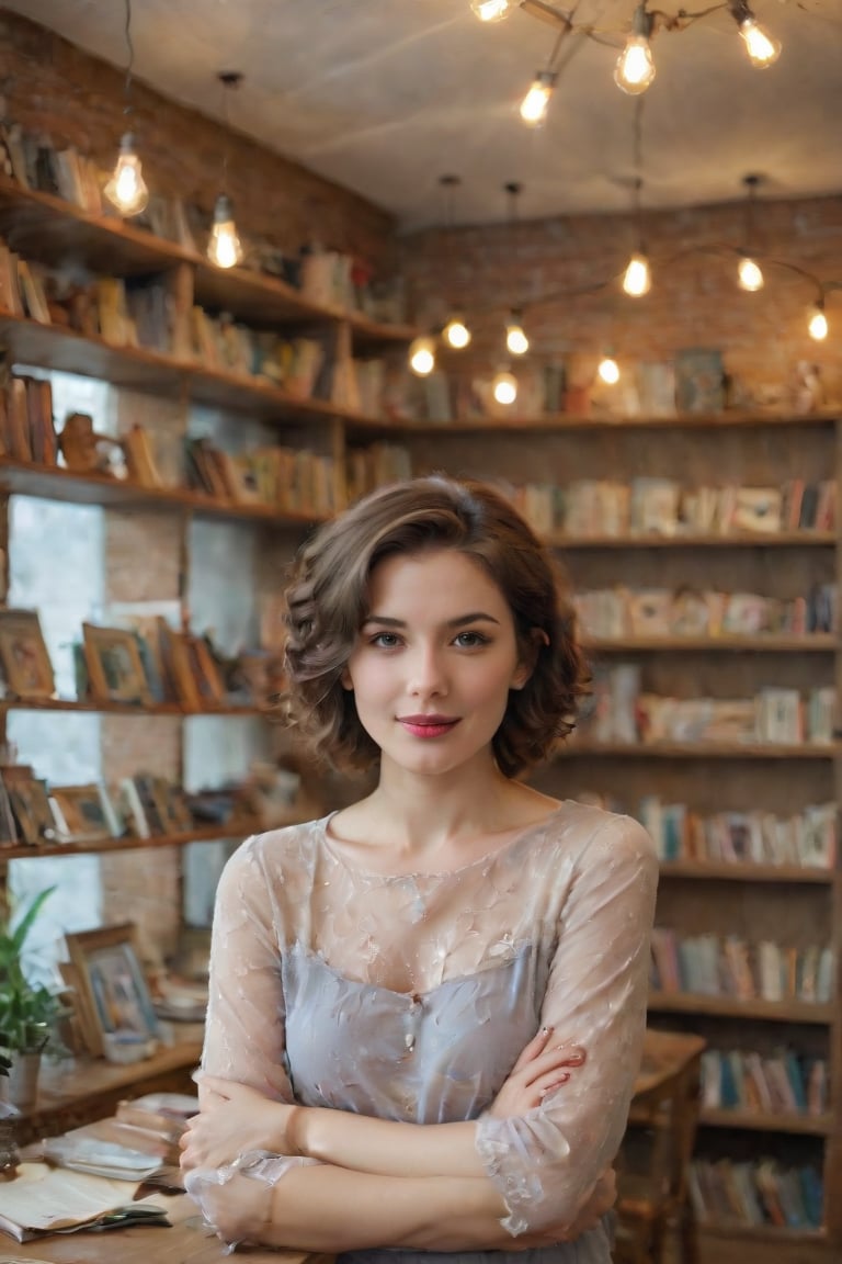 In a cozy, whimsical setting reminiscent of a vintage bookstore, the enchanting young muse stands amidst an eclectic living space, surrounded by the vibrant hues and textures of Antipodean art. Her wavy, short top hair adds a playful touch, contrasting with her shoulder-length brown locks that frame her charming small smile. The 1.6m beauty's delicate features are illuminated by soft, warm lighting, as if sunlight filters through a dusty window. She poses relaxed yet alluring, surrounded by the eclectic trappings of Offaganetown's quirky charm.