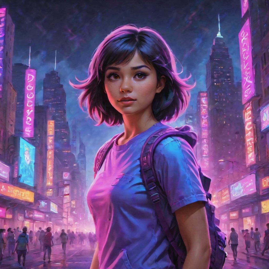 In a gritty cyberpunk metropolis, Dora the Explorer morphs into a stunning digital painting, bathed in neon hues and high-contrast lighting. Her portrait, akin to Henriette Kaarina Amelia von Buttlar's realistic artwork, exudes fashion sense and tenacity. Framed by towering skyscrapers and holographic advertisements, Dora's striking visage dominates the composition, her eyes gleaming like LED lights in a darkened alleyway. Amidst this dystopian landscape, her pose screams defiance, as if ready to conquer the virtual realm with nothing but a backpack full of digital gadgets.