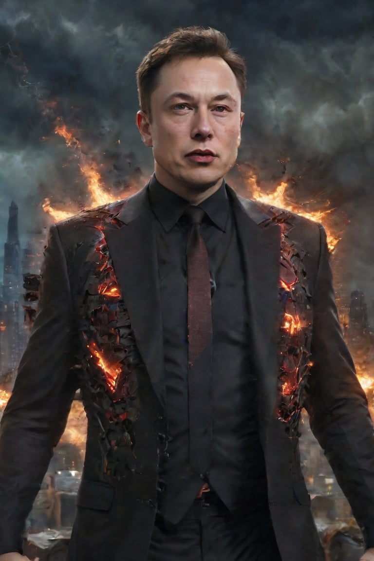 Dark Knight of Silicon Valley: Elon Musk-inspired villain in a gritty comic book setting. A close-up shot of a shadowy figure with a menacing gaze, lit by the glow of laptop screens and city lights. The subject, dressed in a sleek black suit, stands amidst a backdrop of crumbling cityscapes, with crumbling buildings and twisted metal debris. In the foreground, a city map with red X's marks out key locations. Elon Musk-inspired logo on the villain's lapel glows ominously, as he cackles maniacally, his eyes gleaming with a hint of genius-level madness.