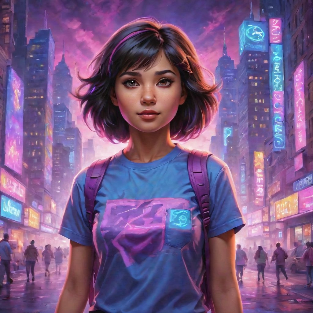 In a gritty cyberpunk metropolis, Dora the Explorer morphs into a stunning digital painting, bathed in neon hues and high-contrast lighting. Her portrait, akin to Henriette Kaarina Amelia von Buttlar's realistic artwork, exudes fashion sense and tenacity. Framed by towering skyscrapers and holographic advertisements, Dora's striking visage dominates the composition, her eyes gleaming like LED lights in a darkened alleyway. Amidst this dystopian landscape, her pose screams defiance, as if ready to conquer the virtual realm with nothing but a backpack full of digital gadgets.