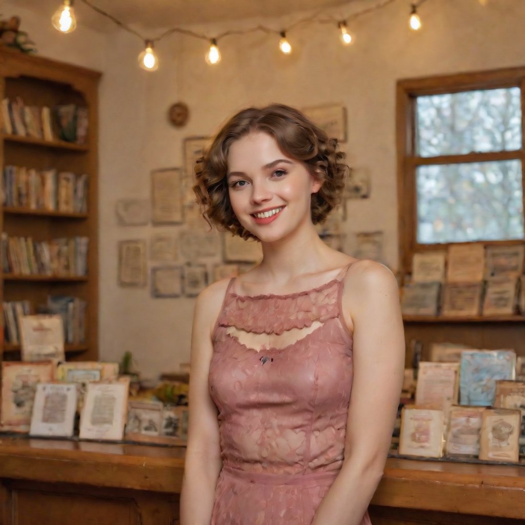 In a cozy, whimsical setting reminiscent of a vintage bookstore, the enchanting young muse stands amidst an eclectic living space, surrounded by the vibrant hues and textures of Antipodean art. Her wavy, short top hair adds a playful touch, contrasting with her shoulder-length brown locks that frame her charming small smile. The 1.6m beauty's delicate features are illuminated by soft, warm lighting, as if sunlight filters through a dusty window. She poses relaxed yet alluring, surrounded by the eclectic trappings of Offaganetown's quirky charm.