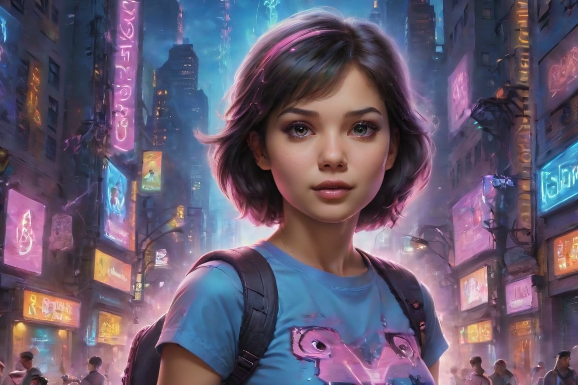 In a gritty cyberpunk metropolis, Dora the Explorer morphs into a stunning digital painting, bathed in neon hues and high-contrast lighting. Her portrait, akin to Henriette Kaarina Amelia von Buttlar's realistic artwork, exudes fashion sense and tenacity. Framed by towering skyscrapers and holographic advertisements, Dora's striking visage dominates the composition, her eyes gleaming like LED lights in a darkened alleyway. Amidst this dystopian landscape, her pose screams defiance, as if ready to conquer the virtual realm with nothing but a backpack full of digital gadgets.,Supersex