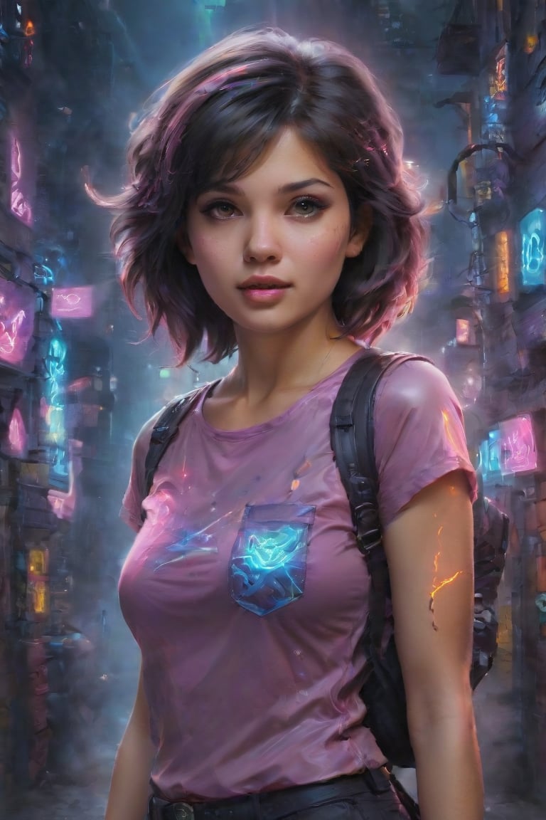 In a gritty cyberpunk metropolis, Dora the Explorer morphs into a stunning digital painting, bathed in neon hues and high-contrast lighting. Her portrait, akin to Henriette Kaarina Amelia von Buttlar's realistic artwork, exudes fashion sense and tenacity. Framed by towering skyscrapers and holographic advertisements, Dora's striking visage dominates the composition, her eyes gleaming like LED lights in a darkened alleyway. Amidst this dystopian landscape, her pose screams defiance, as if ready to conquer the virtual realm with nothing but a backpack full of digital gadgets.,Supersex