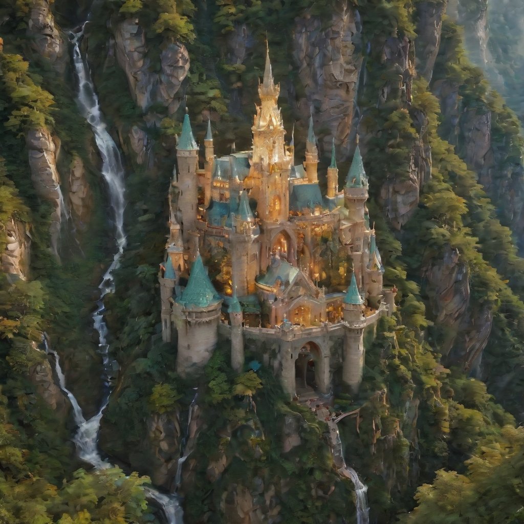 In this captivating tourism advertisement, a majestic aerial shot frames the mystical realm of Rivendell, as emerald forests and rolling hills cradle intricately detailed Gothic-Style architecture. The camera pans down to reveal Art Nouveau-inspired spires and turrets amidst lush vegetation, while a waterfall cascades down a rocky face in perfect harmony with whimsical Gaudí-esque details. Against the warm glow of an ethereal golden light, the entire scene appears bathed in an otherworldly radiance, beckoning viewers to enter this dreamlike realm.