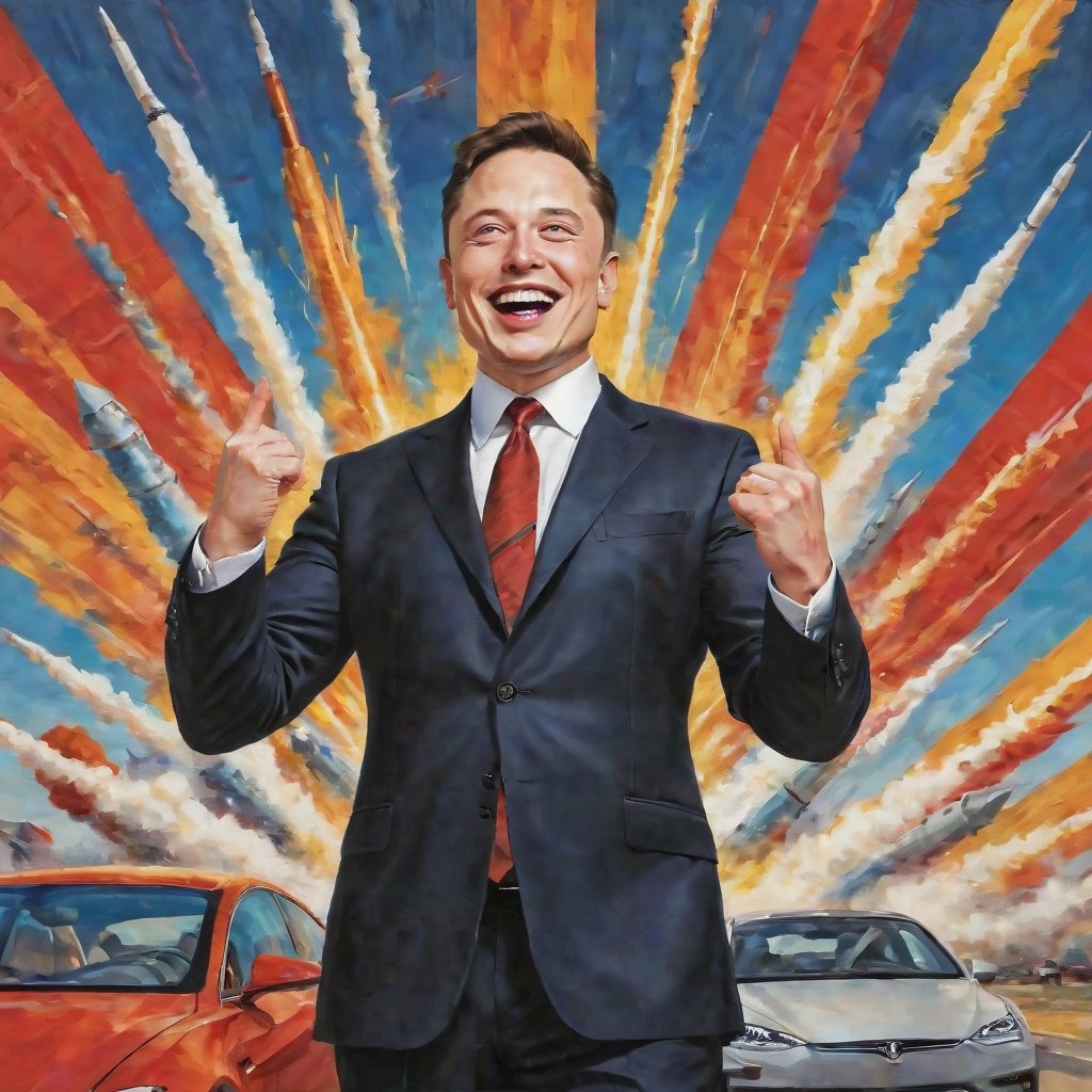 Elon Musk, radiant in a gleaming suit, stands triumphantly amidst a sea of gleaming metallic hues, surrounded by soaring SpaceX rockets and sleek Tesla cars. A triumphant smile spreads across his face as he raises a fist in victory, against a backdrop of bold, red-and-gold stripes. The artwork's composition is reminiscent of classic propaganda posters, with the added twist of playful humor.