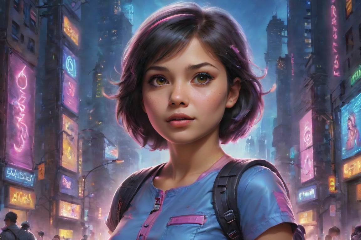 In a gritty cyberpunk metropolis, Dora the Explorer morphs into a stunning digital painting, bathed in neon hues and high-contrast lighting. Her portrait, akin to Henriette Kaarina Amelia von Buttlar's realistic artwork, exudes fashion sense and tenacity. Framed by towering skyscrapers and holographic advertisements, Dora's striking visage dominates the composition, her eyes gleaming like LED lights in a darkened alleyway. Amidst this dystopian landscape, her pose screams defiance, as if ready to conquer the virtual realm with nothing but a backpack full of digital gadgets.,Supersex