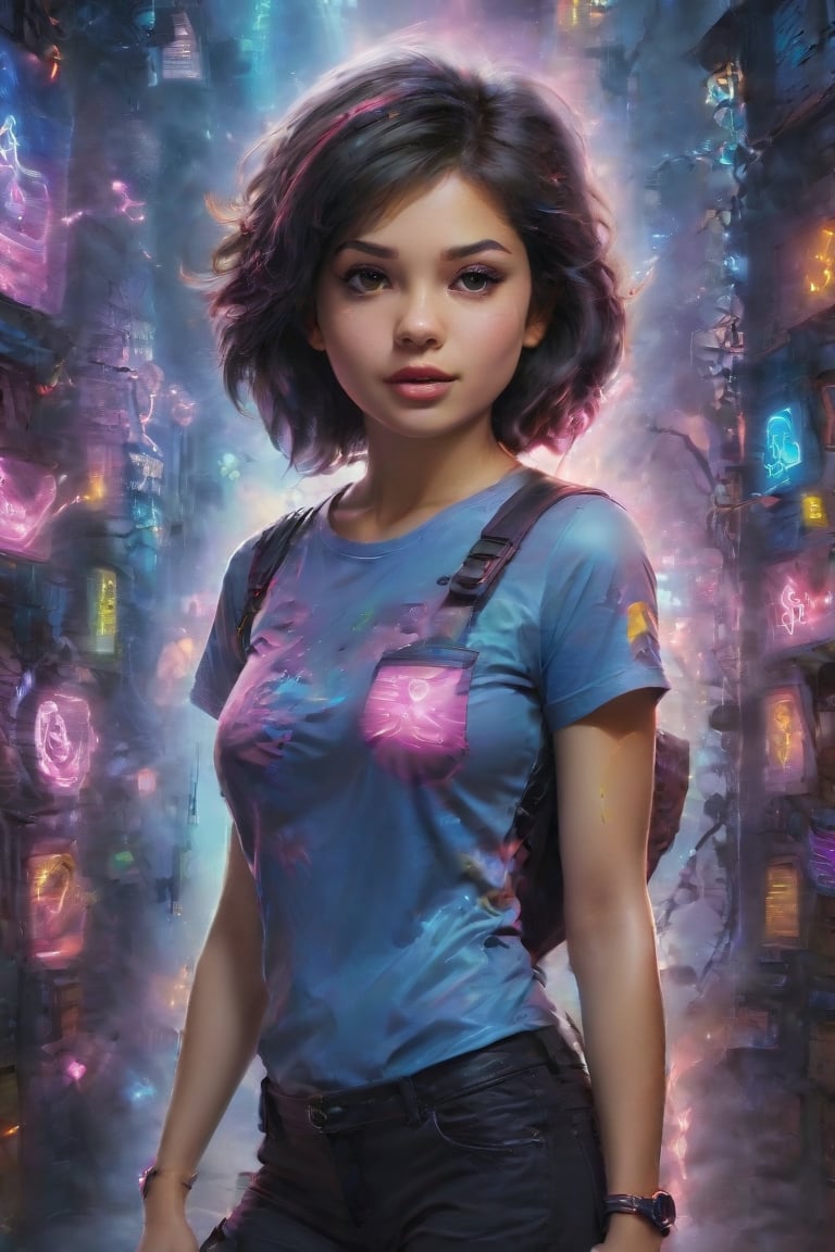 In a gritty cyberpunk metropolis, Dora the Explorer morphs into a stunning digital painting, bathed in neon hues and high-contrast lighting. Her portrait, akin to Henriette Kaarina Amelia von Buttlar's realistic artwork, exudes fashion sense and tenacity. Framed by towering skyscrapers and holographic advertisements, Dora's striking visage dominates the composition, her eyes gleaming like LED lights in a darkened alleyway. Amidst this dystopian landscape, her pose screams defiance, as if ready to conquer the virtual realm with nothing but a backpack full of digital gadgets.,Supersex