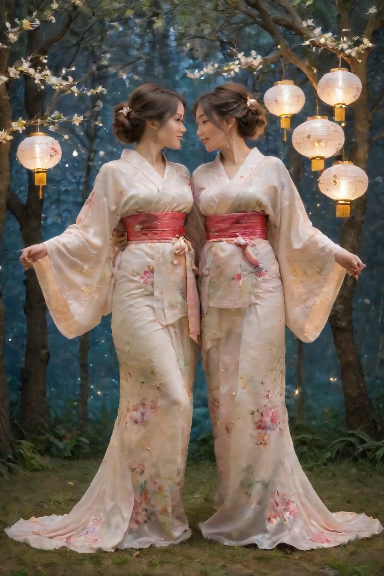 In a whimsical, misty forest glade, two resplendent Yuki-Menoke harem ladies, their kimonos embroidered with intricate designs, lean in for a passionate kiss. Softly lit by the pale moon's gentle glow, the scene is framed by towering trees adorned with lanterns, their delicate petals fluttering like confetti. The ladies' kimono sleeves flutter as they embrace, their faces aglow with tender affection, set against a dreamy, starry night sky.