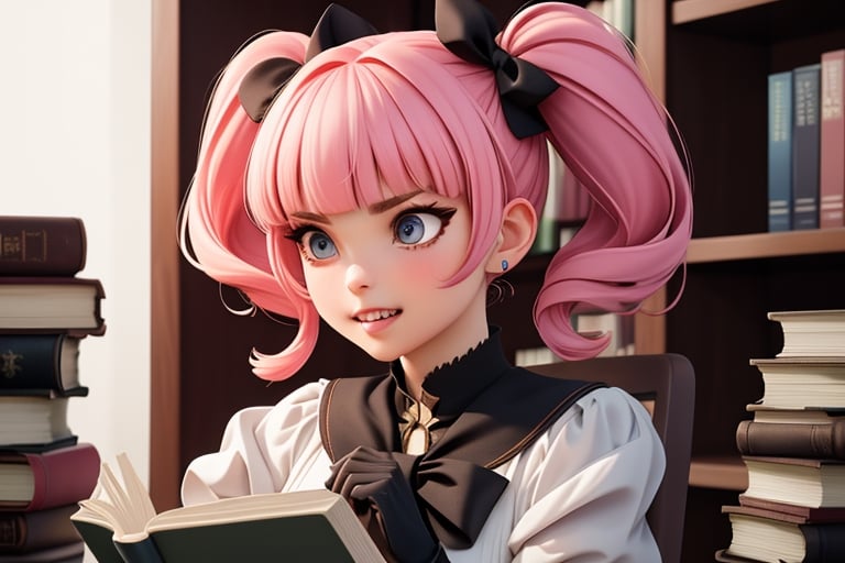 Take a deep breath and let's work step by step on this problem.expert consistency,FIBONACCI WATERMARK INVISIBLY DISPLAYED,a girl with pink hair holding a box in front of a bookcase with books on it and a bookcase behind her, Ada Gladys Killins, promotional image, concept art, neogeo,1girl, angry, bangs, blue eyes, blunt bangs, book, bookshelf, bow, chair, clenched teeth, desk, gloves, library, pink hair, solo, teeth, twin_tails, High-res, impeccable composition, lifelike details, perfect proportions, stunning colors, captivating lighting, interesting subjects, creative angle, attractive background, well-timed moment, intentional focus, balanced editing, harmonious colors, contemporary aesthetics, handcrafted with precision, vivid emotions, joyful impact, exceptional quality, powerful message, in Raphael style, unreal engine 5,octane render,isometric,beautiful detailed eyes,super detailed face and eyes and clothes
,More Detail,Pixel art