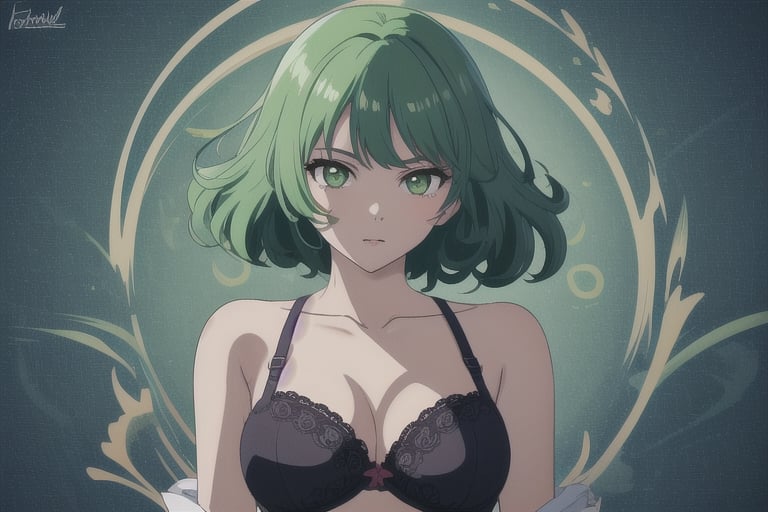a drawing of a woman with green hair and a bra top on her chest, with a black bra top, Artgerm, elegance, an anime drawing, rococo,1girl, artist name, bare shoulders, black dress, breasts, cleavage, collarbone, curly hair, dress, green eyes, green hair, grey background, looking at viewer, medium breasts, short hair, signature, solo, tatsumaki, upper body,High-res, impeccable composition, lifelike details, perfect proportions, stunning colors, captivating lighting, interesting subjects, creative angle, attractive background, well-timed moment, intentional focus, balanced editing, harmonious colors, contemporary aesthetics, handcrafted with precision, vivid emotions, joyful impact, exceptional quality, powerful message, in Raphael style, unreal engine 5,octane render,isometric,beautiful detailed eyes,super detailed face and eyes and clothes,,More Detail,Stickers,<lora:659111690174031528:1.0>