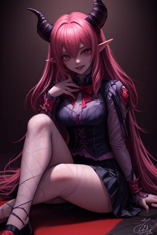 a cartoon character with a devilish hair and a pink shirt on, and a blue skirt with a red bow, artist, fullbody, a sketch,1girl, breasts, demon girl, demon horns, hair between eyes, horns, long hair, looking at viewer, microskirt, miniskirt, pointy ears, , red horns, sharp teeth, sitting, sketch, skirt, smile, solo, thick thighs, thighs ,,High-res, impeccable composition, lifelike details, perfect proportions, stunning colors, captivating lighting, interesting subjects, creative angle, attractive background, well-timed moment, intentional focus, balanced editing, harmonious colors, contemporary aesthetics, handcrafted with precision, vivid emotions, joyful impact, exceptional quality, powerful message, in Raphael style, unreal engine 5,octane render,isometric,beautiful detailed eyes,super detailed face and eyes and clothes,,<lora:659111690174031528:1.0>