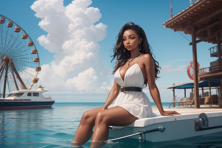 a woman in a white dress sitting on a boat in the water with a ferris wheel in the background, Chinwe Chukwuogo-Roy, brown skin, a photocopy, lyco art,1girl, beach, belt, blue sky, blurry, blurry background, blurry foreground, breasts, building, chain, cleavage, cloud, cloudy sky, dark-skinned female, dark skin, day, depth of field, dress, horizon, long hair, medium breasts, motion blur, ocean, outdoors, photo \(medium\), photo background, photorealistic, pool, realistic, sitting, sky, solo, swing, utility pole, water, watercraft, white dress,High-res, impeccable composition, lifelike details, perfect proportions, stunning colors, captivating lighting, interesting subjects, creative angle, attractive background, well-timed moment, intentional focus, balanced editing, harmonious colors, contemporary aesthetics, handcrafted with precision, vivid emotions, joyful impact, exceptional quality, powerful message, in Raphael style, unreal engine 5,octane render,isometric,beautiful detailed eyes,super detailed face and eyes and clothes
,More Detail,beautiful legs,beautiful