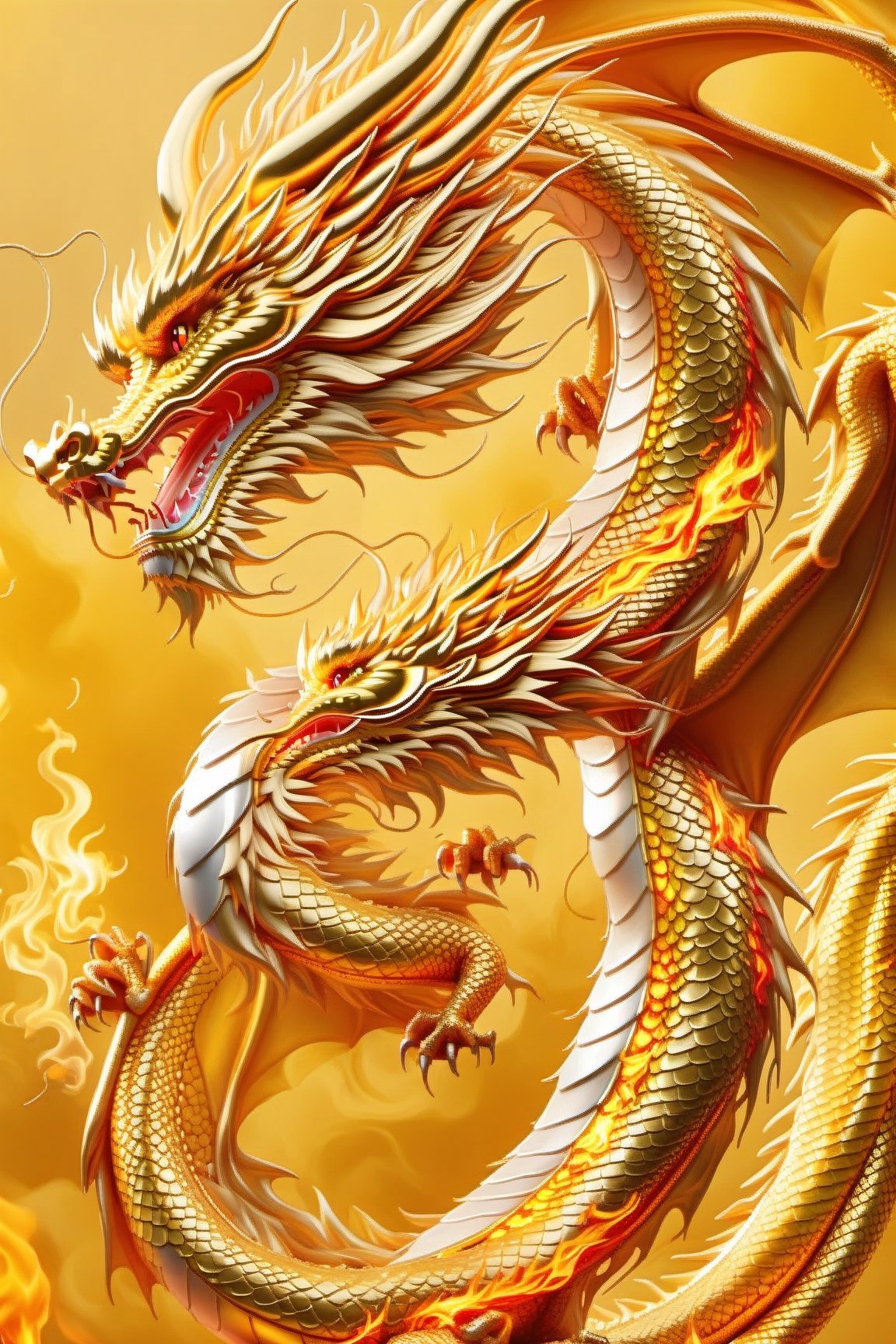 A smooth Chinese golden dragon,  flaming dragon snake,  dragon oil painting,  Chinese dragon,  perfect smooth body lines,  golden dragon,  flaming dragon,  majestic Chinese dragon,  phoenix dragon,  Chinese dragon concept art,  dragon art,  dragon god,  dragon on a yellow background,  ultra high definition,  realistic,  rich in detail,  perfect UHD image quality,  neon colors,  ultra fine edges,  incredible,  perfect golden ratio compositions,  magical fine technological lines,  cinematic,  high definition,  fine light and shadow,  high detail,  3D rendering,,,,golden dragon, isolated, fire