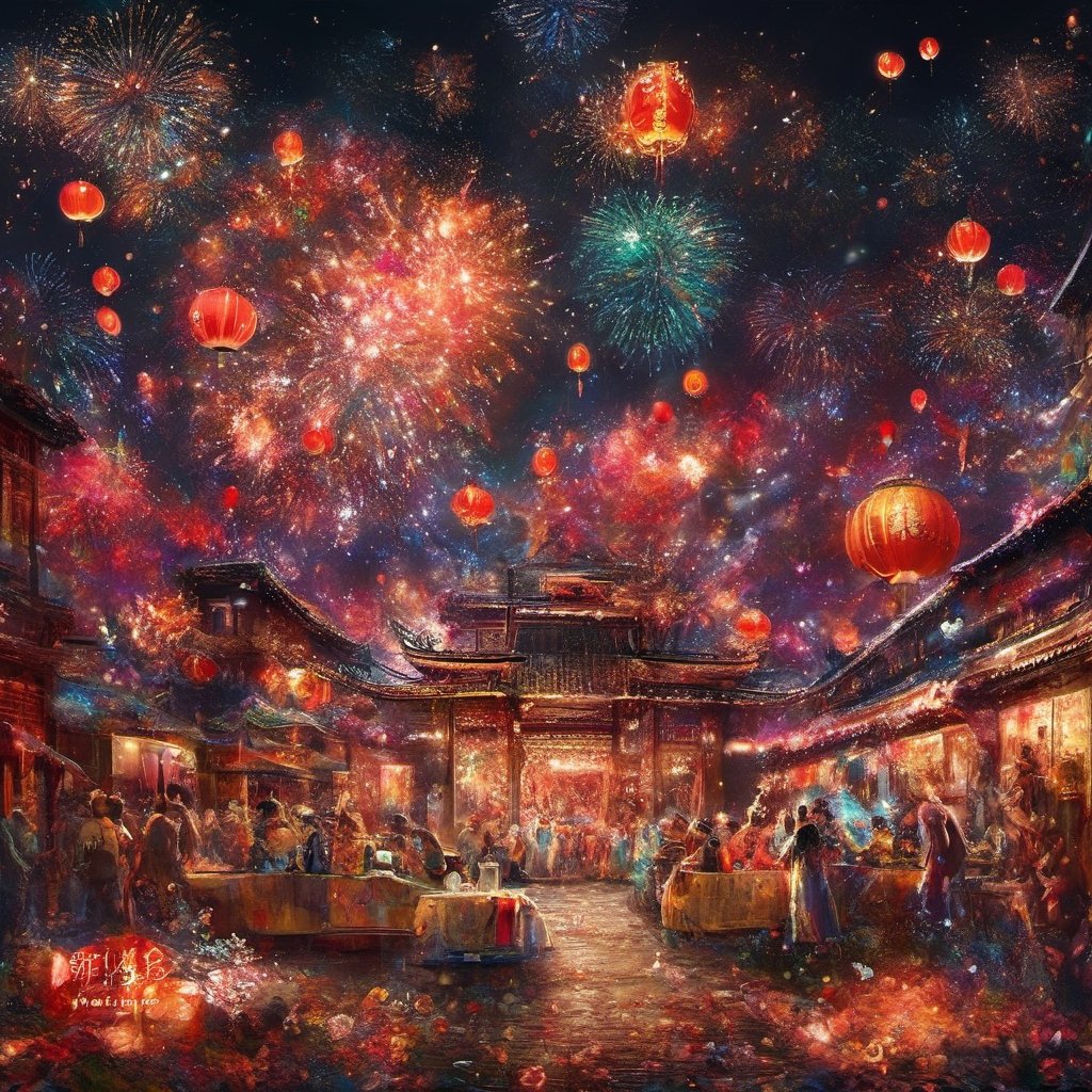 Chinese New Year celebration. Dark background. Activities. Variety and Contrasts. Colorful, beautiful. Photo, realistic, detail, vivid colors, artistic flair. ,glitter