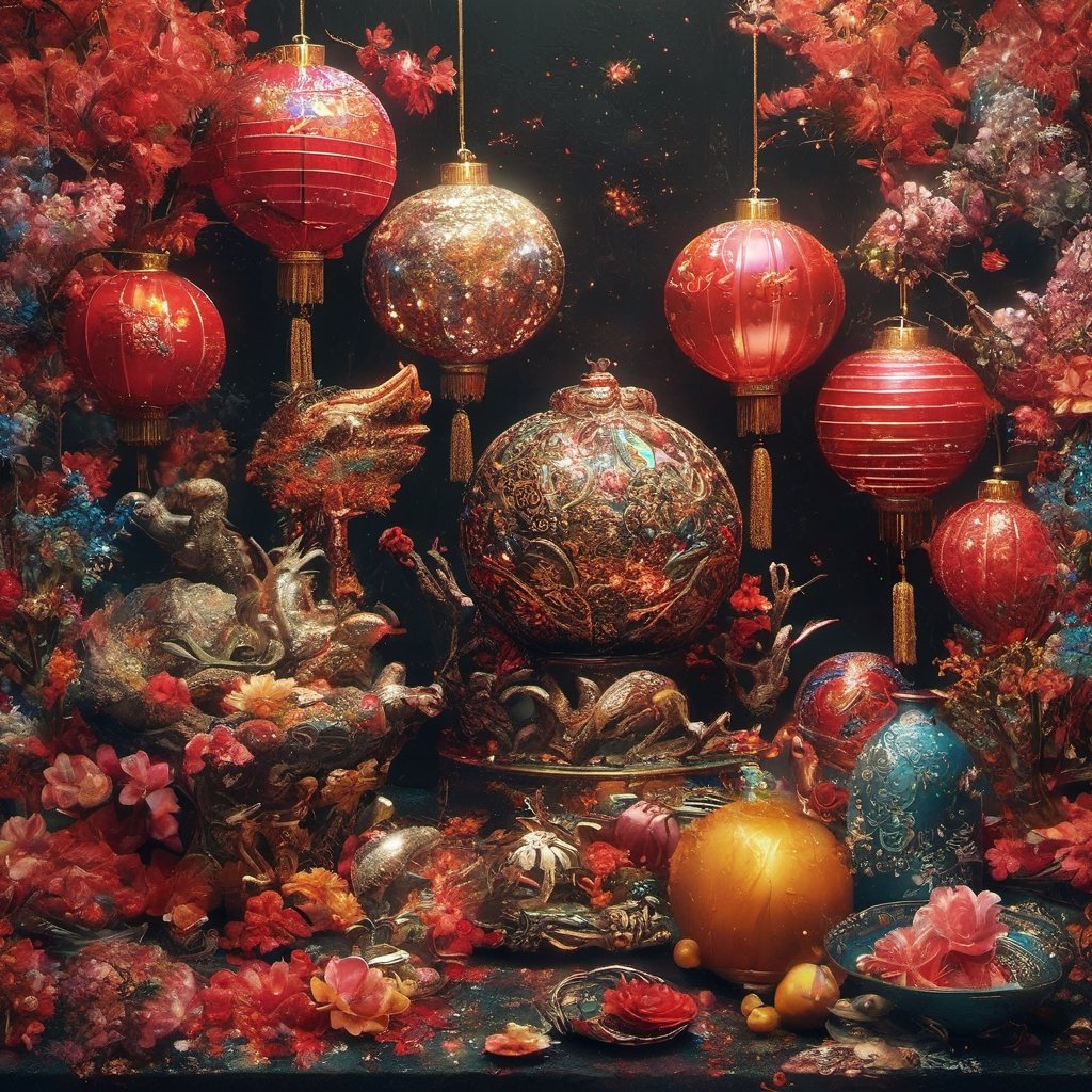 Chinese New Year celebration. Dark background. Activities. Variety and Contrasts. Colorful, beautiful. Photo, realistic, detail, vivid colors, artistic flair. ,glitter