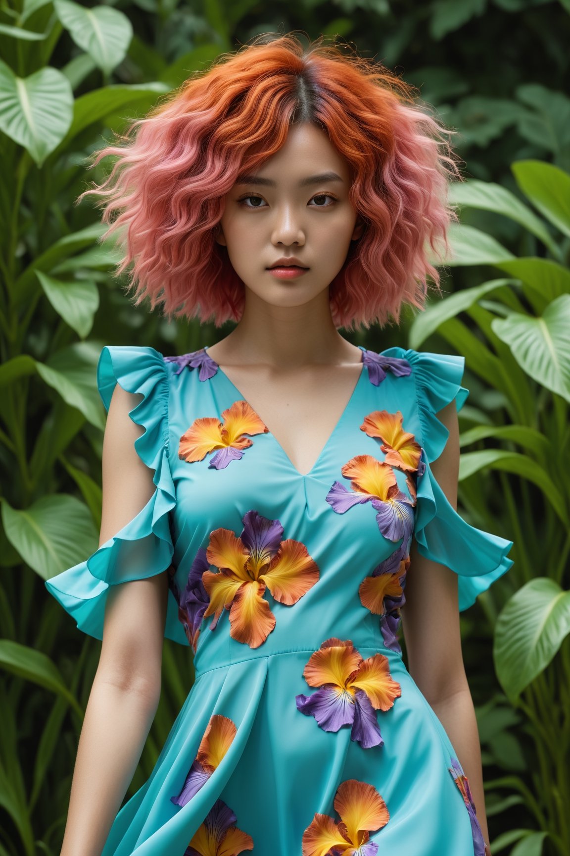 HONG KONG Girl ((September Ai)) with brown colour skin, AQUA short messy hair, 

(best quality, 4k, 8k, highres, masterpiece), ultra-detailed, (realistic, photorealistic, photo-realistic), outdoor photoshoot, summer fashion, stunning model with vibrant multicolored hair, wearing a bright, floral-patterned Iris van Herpen dress, dynamic runway setting, lush garden background, vivid, lively, sunlit, high-fashion editorial, magazine photoshoot, energetic fashion poses, kaleidoscope of colors
