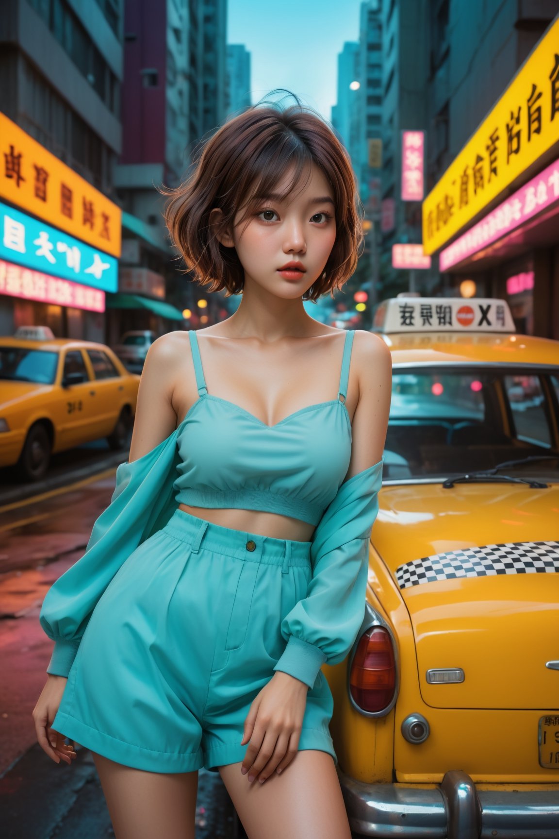 HONG KONG Girl ((September Ai)) with brown colour skin, AQUA short messy hair, 

xxmix,Silhouette of frightened woman hiding in a 1980's taxi, neon light, in the style of coloring book comic, full body, city pop style,
