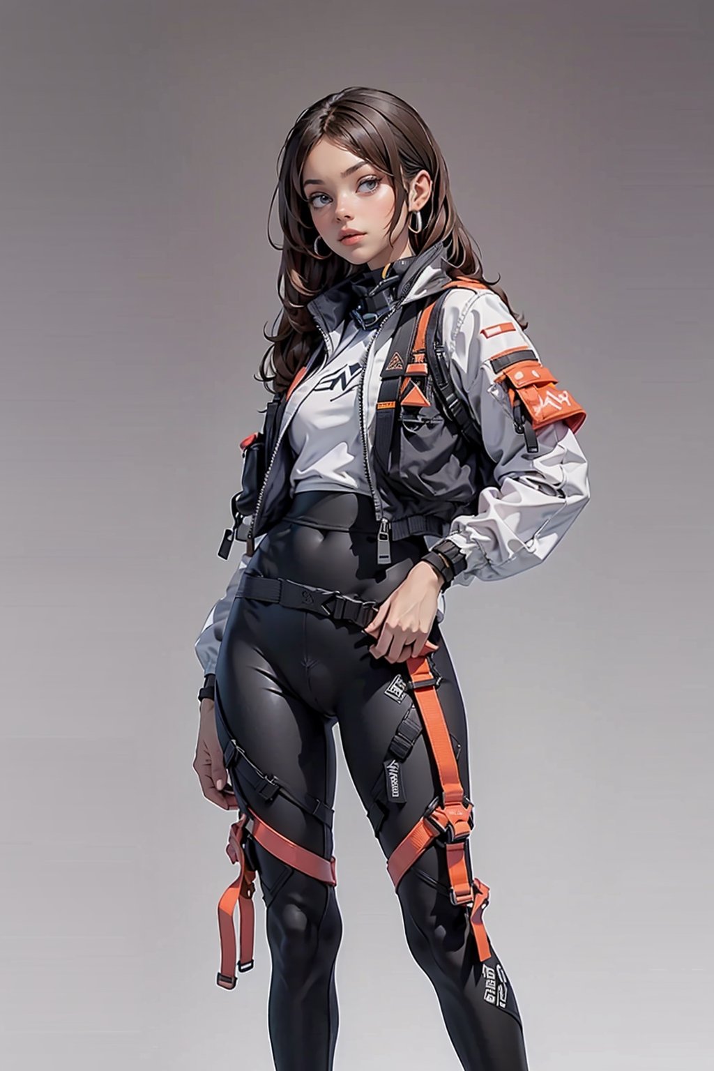1 girl, solo girl, Lady, full body, brown braided hair, Girl wearing white tech bodysuit, gray sports leggings, tech harnesses, cargo, straps, tech wear, military jacket red pilot, front image, symmetrical image, plain background, no background, gradient background, camel_toe, no background, round ass, front image, symmetrical image