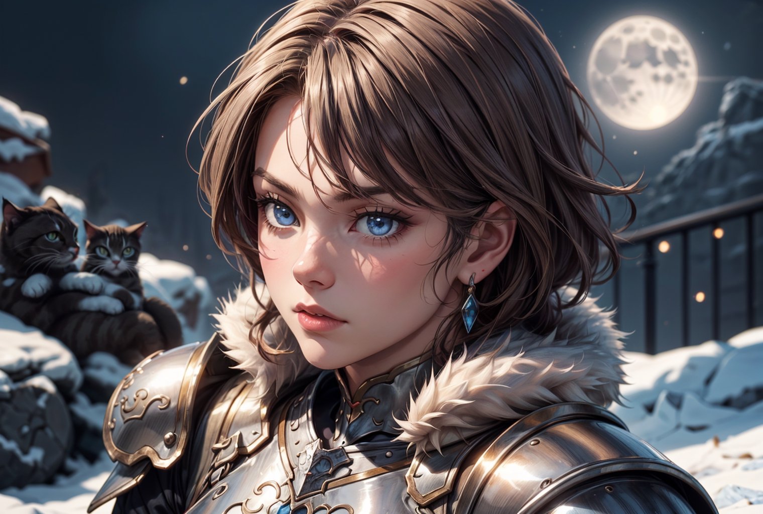 1girl, warrior in a steel armor with fur adornments. cat, moonlight, light brown hairs, ice blue eyes, capture this image with a high resolution photograph using an 85mm lens for a flattering perspective, artwork by sweetroll,