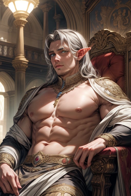 A majestic high elf prince sits regally on a velvet-draped throne within an ancient castle's grand great hall, bathed in soft, golden lighting that casts a flattering glow on his porcelain-liked skin. His chiseled physique boasts broad shoulders and a strong jawline, featuring beautiful yellow light perfect eyes that sparkle beneath perfectly arched eyebrows. Luscious silver-tipped locks cascade down his back like a river of moonlight, expertly styled to showcase his majestic visage. A hint of chest hair peeks from the ornate, gemstone-embellished tunic's opening, adding to his commanding presence as he sits confidently amidst the grandeur of the ancient castle's high ceilings, ornate tapestries, and polished stone floors.