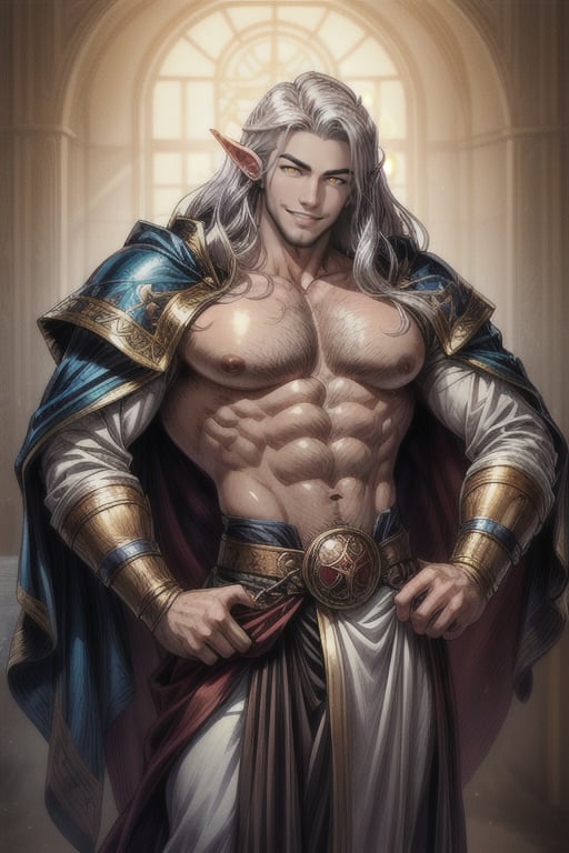 The photograph of a handsome manly masculine high elf man in his 30s, he is a prince, he is wearing noble prince fantasy manly medieval clothes, he has long hair down white color with silver highlights, his chest exposed, he is very muscular, tall and thin, he has sharp eyebrows, he has a very masculine face and symmetrical, his face it's very manly, his eyes are golden, his skin is clear white and beautiful, skin clean like porcelain, the background shows an old feudal fatasy castle room,homoairotic illustration