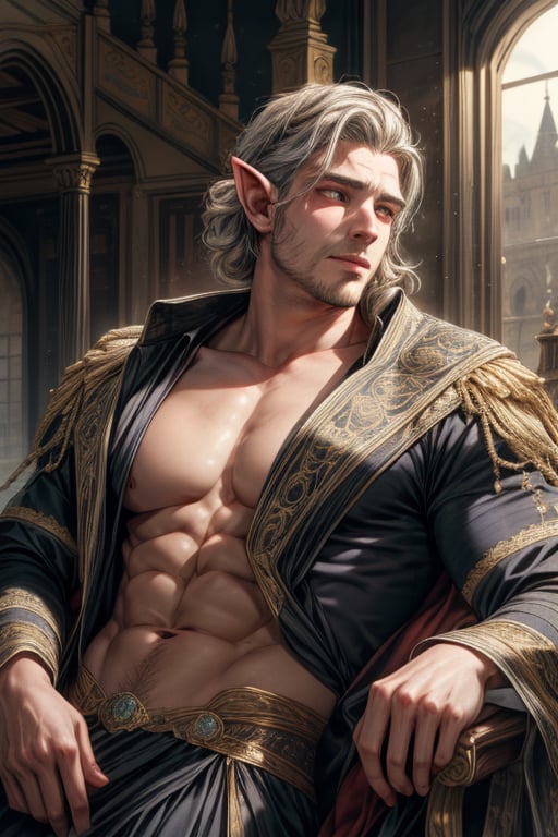 Majestic portrait of a ravishing high elf prince in his 30's. He sits regally on a velvet-draped throne within the grandeur of an ancient castle's great hall. The noble subject boasts a chiseled physique, with broad shoulders and a strong jawline. His piercing golden eyes sparkle beneath perfectly arched eyebrows. Luscious silver-tipped locks cascade down his back like a river of moonlight, expertly styled to showcase his majestic visage. A hint of chest hair peeks from the opening of his ornate, gemstone-embellished tunic, adding to his commanding presence. The soft, golden lighting casts a flattering glow on his porcelain-like skin, accentuating the perfect definition of his facial features and the sharp contours of his chiseled physique.