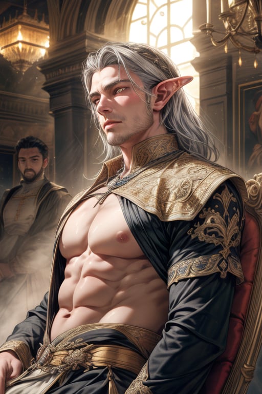 A majestic high elf prince sits regally on a velvet-draped throne within an ancient castle's grand great hall, bathed in soft, golden lighting that casts a flattering glow on his porcelain-liked skin. His chiseled physique boasts broad shoulders and a strong jawline, featuring beautiful yellow light perfect eyes that sparkle beneath perfectly arched eyebrows. Luscious silver-tipped locks cascade down his back like a river of moonlight, expertly styled to showcase his majestic visage. A hint of chest hair peeks from the ornate, gemstone-embellished tunic's opening, adding to his commanding presence as he sits confidently amidst the grandeur of the ancient castle's high ceilings, ornate tapestries, and polished stone floors.