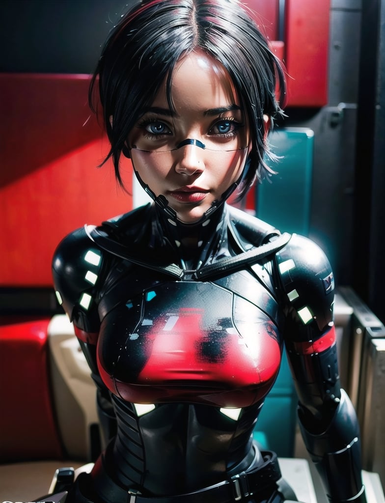 1girl,  elster,  black hair , robot joints,  blue eyes,  looking at viewer,  serious,  short hair,  nose guard,  black and red  bodysuit,  armor,  solo,  space station,  indoors,  dark,  cyberpunk,  red lights,  (insanely detailed,  beautiful detailed face, beautiful detailed eyes,  masterpiece,  best quality:1.2), cyborg, ,elster, frameless_glasses,bodysuit,cyborg,black and white outfit,3d,High detailed, Saturated colors,Color saturation,High detailed ,Beautiful Portrait,Sexy Pose,perfect
