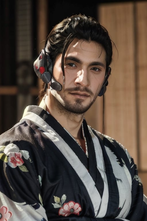 Highly detailed, High Quality, Masterpiece, beautiful, sole_male, 1boy, solo, Jetstream Sam, Half body portrait, facial hair, beard, vertical scar on face, european face, brazilian face, beautiful photography, stage photography, interesting pose, unusual head tilt, traditional japanese background, yukata, furisode, red_yukata, haori